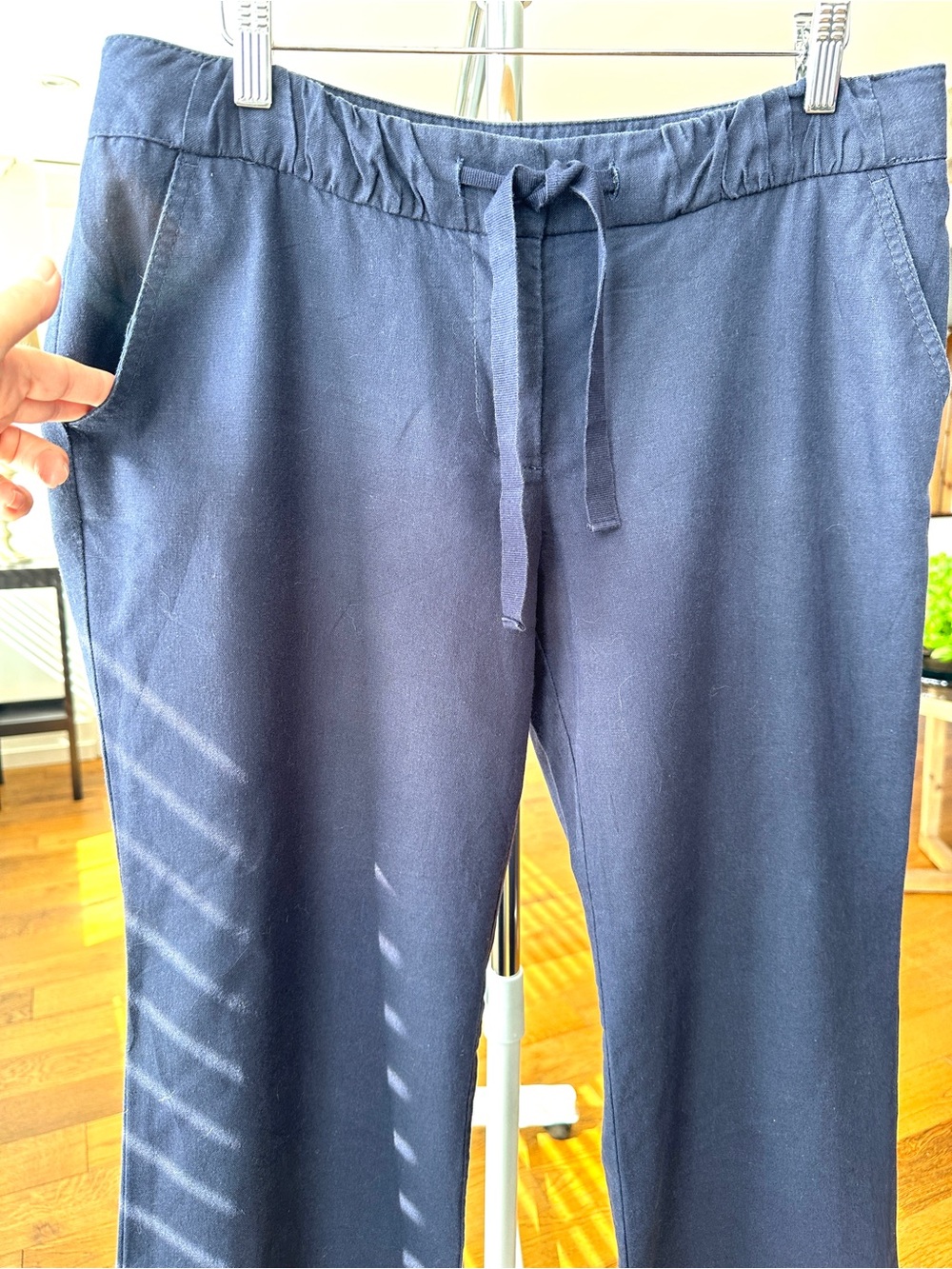 J. Crew Navy Drawstring City Fit Pants, Cropped, Wide Leg, cotton & linen
